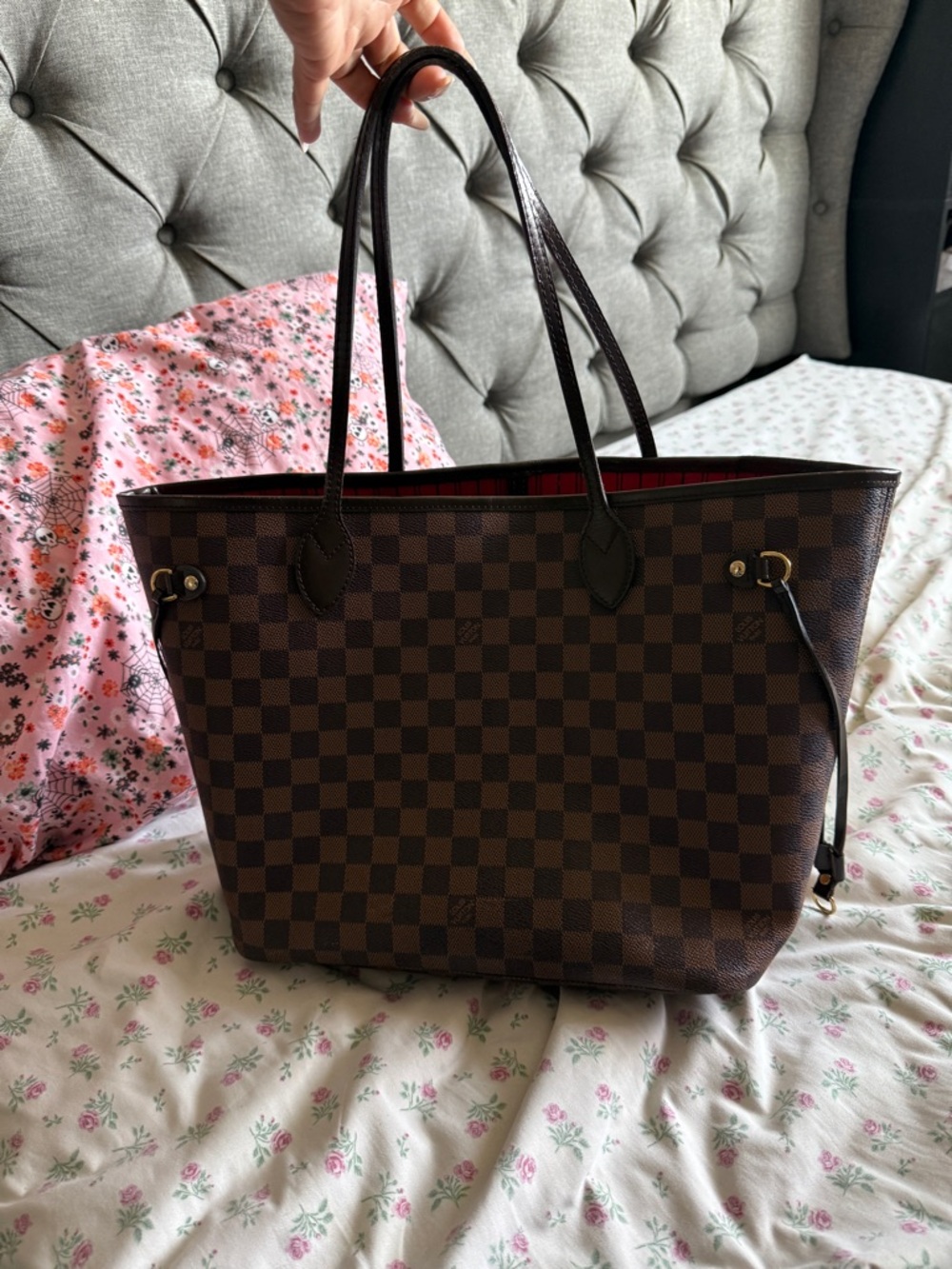 Louis Vuitton Brown Damier Ebene Tote with Red Interior